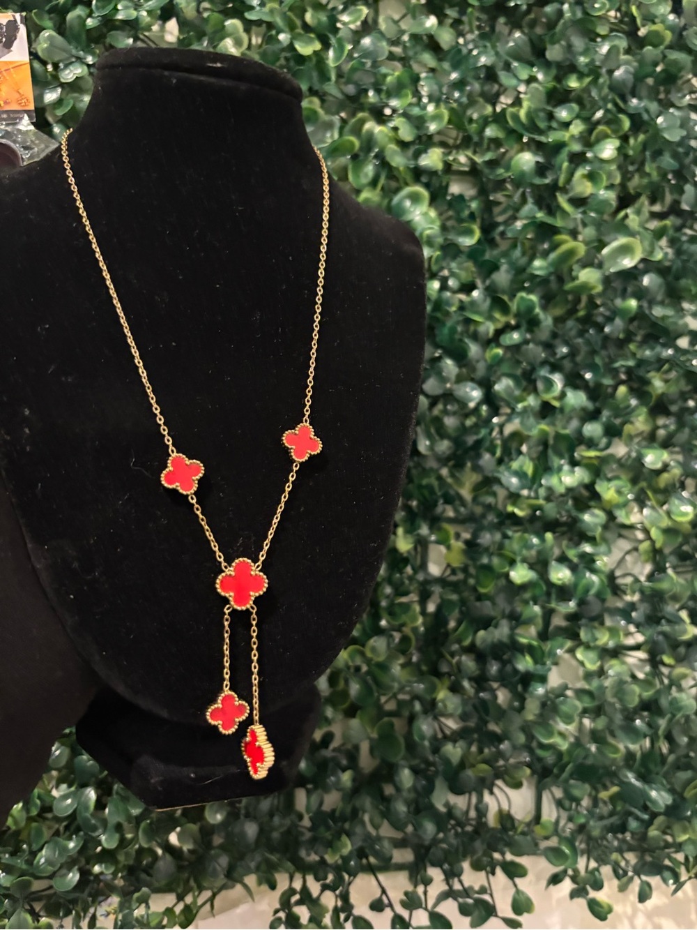Gold-Tone Necklace with Red Clover Accents